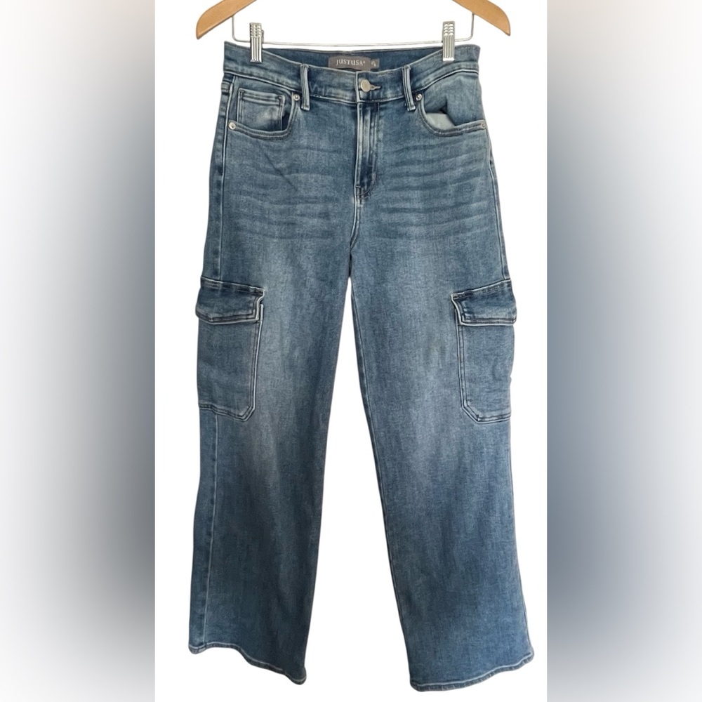 Just USA Women's Blue Wide Leg Jeans Cargo Utility Pants High Waist Retro Sz 27
